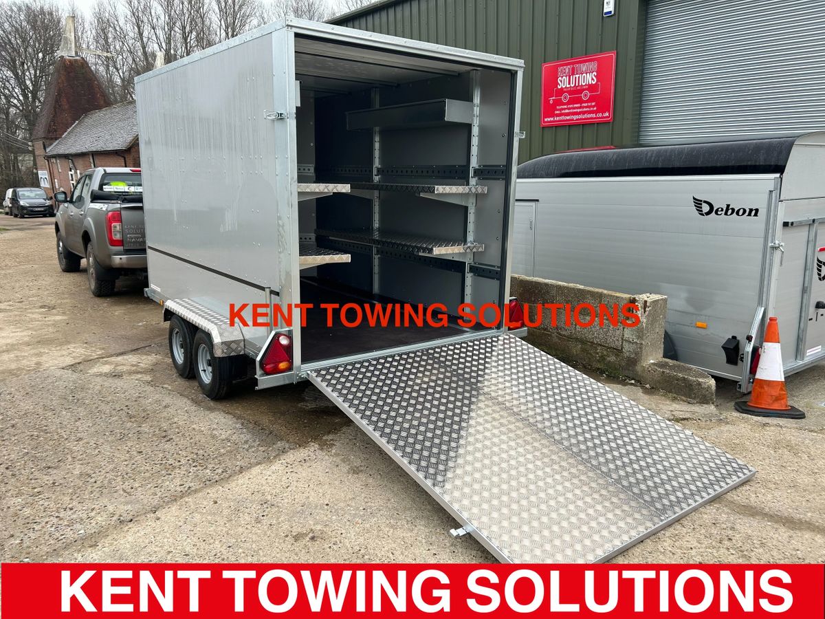 Tickners GB166 10x6x6.5ft Triple Go Kart Braked Trailer with 2 Tyre Racks, 2 Kart Shelves